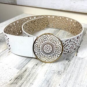 Coldwater Creek Womens L White Cut-Out Leather Boho Wide Adjustable Waist Belt